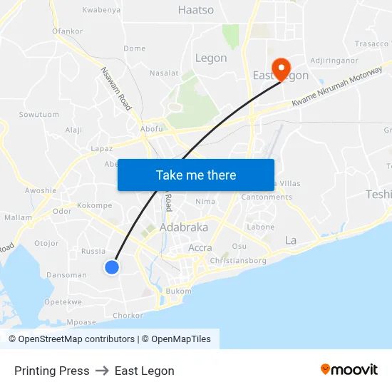 Printing Press to East Legon map