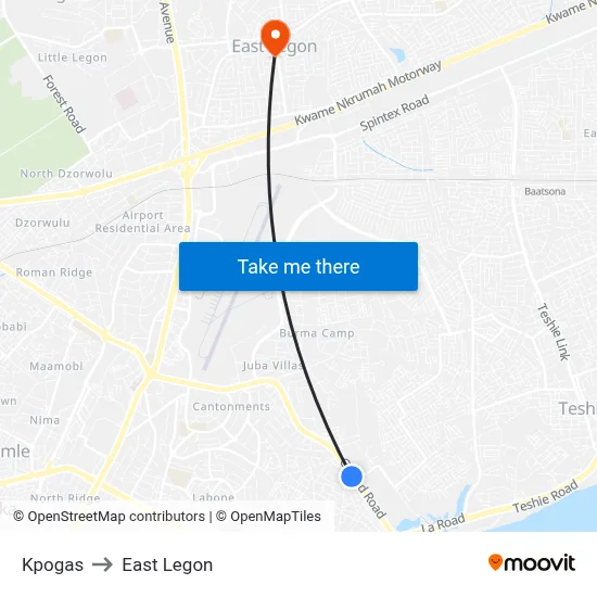 Kpogas to East Legon map