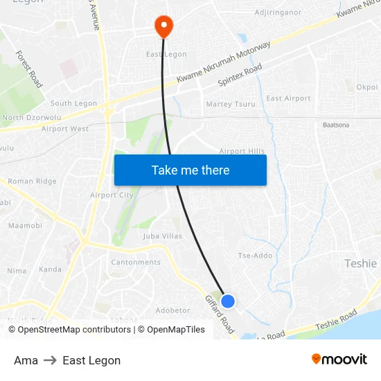Ama to East Legon map