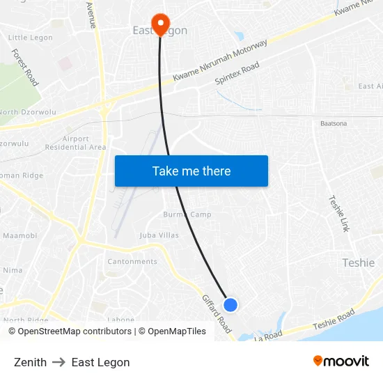 Zenith to East Legon map