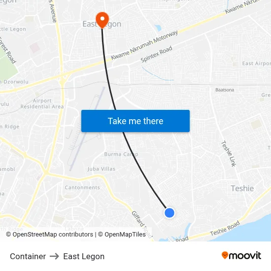 Container to East Legon map