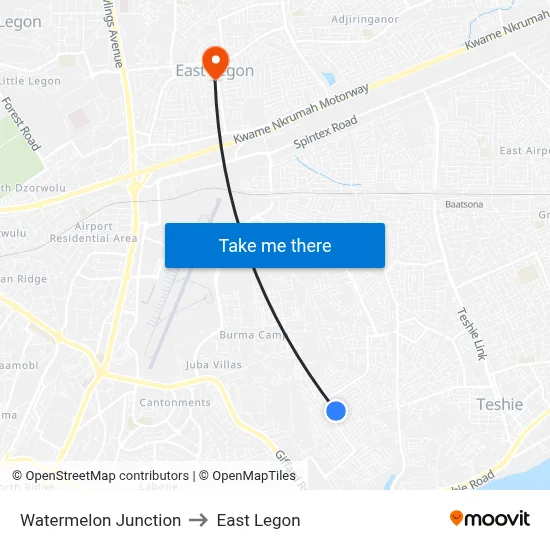 Watermelon Junction to East Legon map