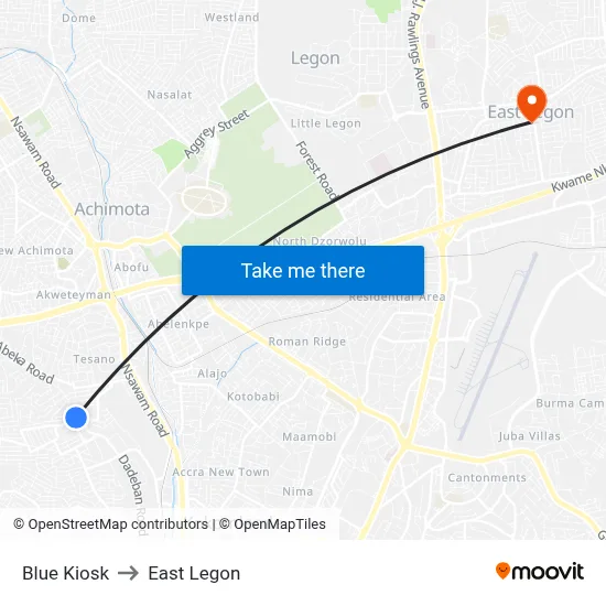 Blue Kiosk to East Legon map
