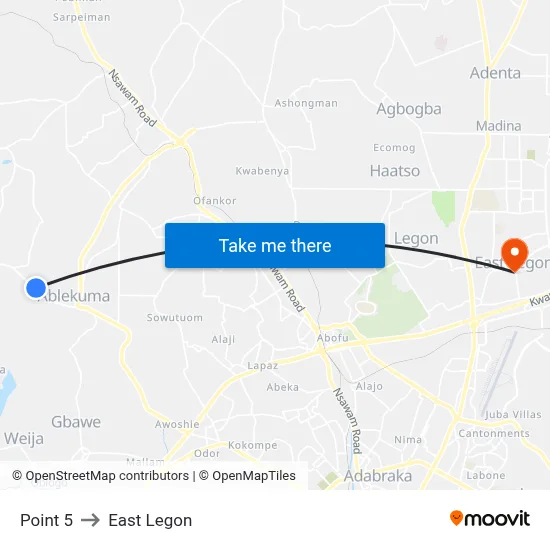 Point 5 to East Legon map