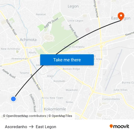 Asoredanho to East Legon map