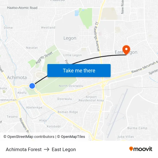 Achimota Forest to East Legon map
