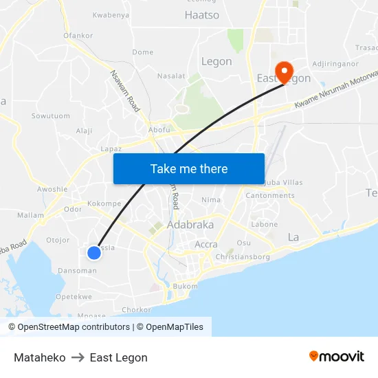 Mataheko to East Legon map