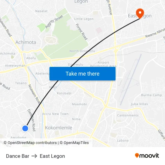 Dance Bar to East Legon map