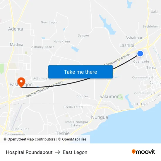 Hospital Roundabout to East Legon map