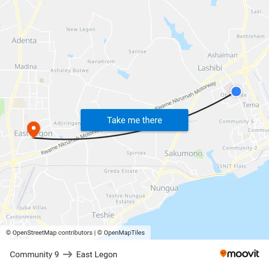 Community 9 to East Legon map