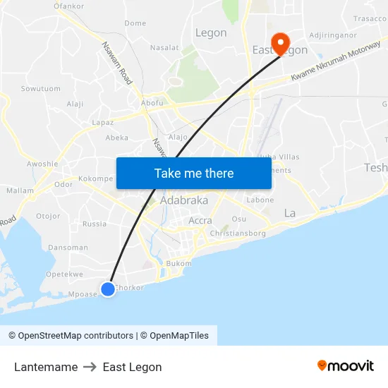 Lantemame to East Legon map