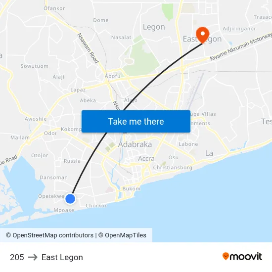205 to East Legon map
