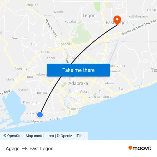 Agege to East Legon map
