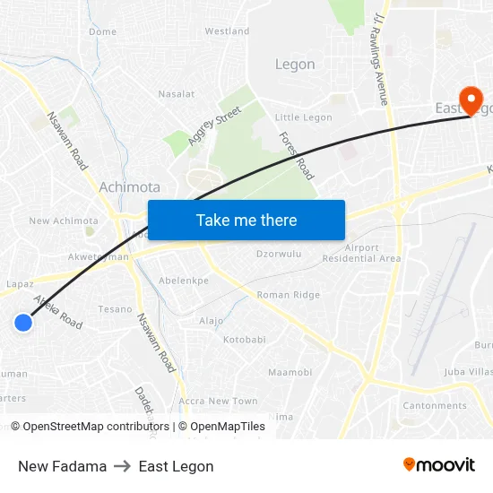 New Fadama to East Legon map