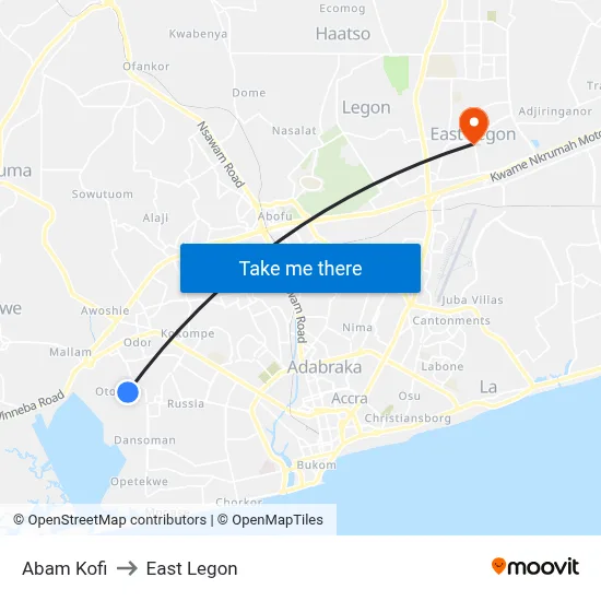 Abam Kofi to East Legon map