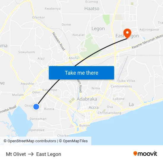 Mt Olivet to East Legon map