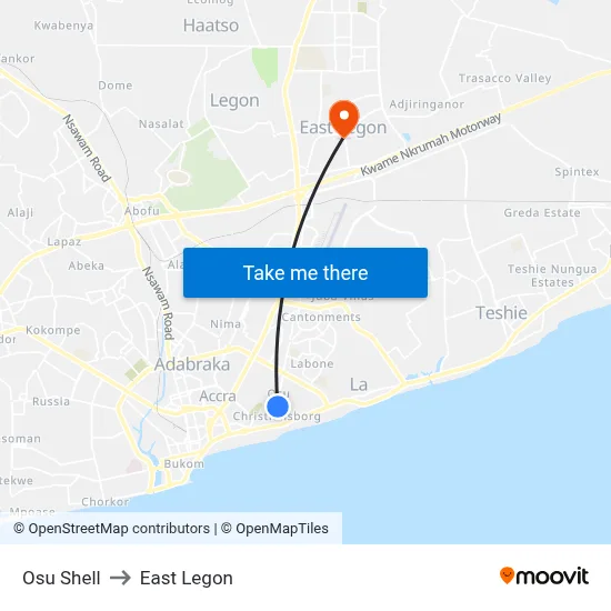 Osu Shell to East Legon map