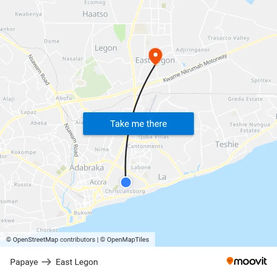Papaye to East Legon map