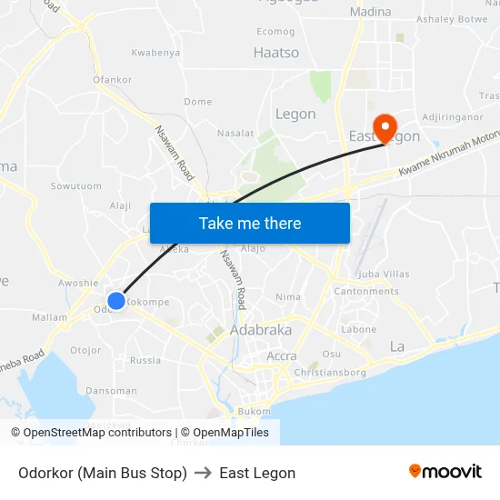 Odorkor (Main Bus Stop) to East Legon map