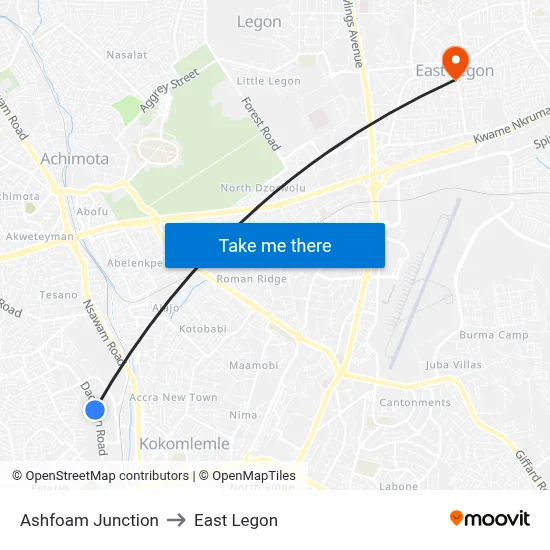 Ashfoam Junction to East Legon map