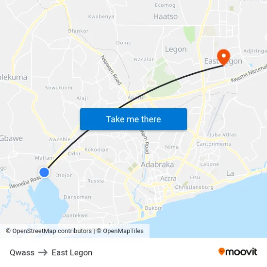 Qwass to East Legon map