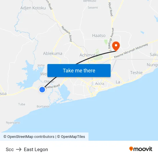 Scc to East Legon map
