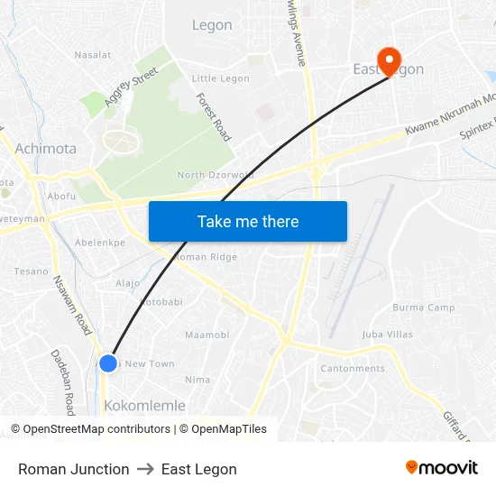 Roman Junction to East Legon map