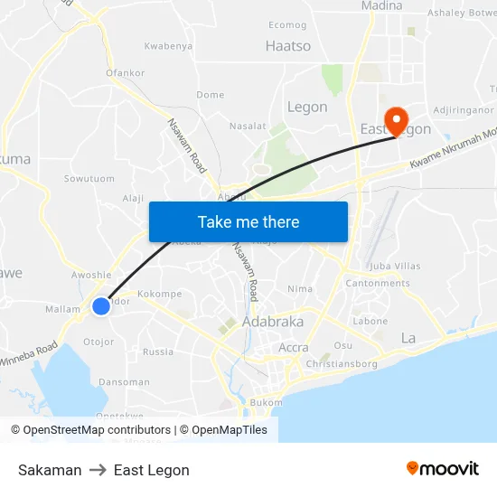 Sakaman to East Legon map