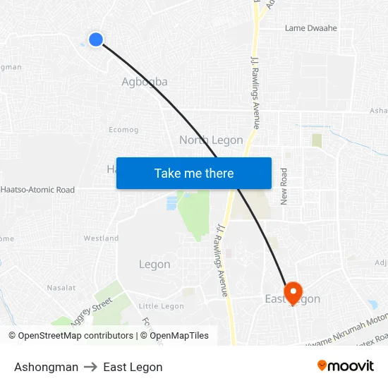 Ashongman to East Legon map
