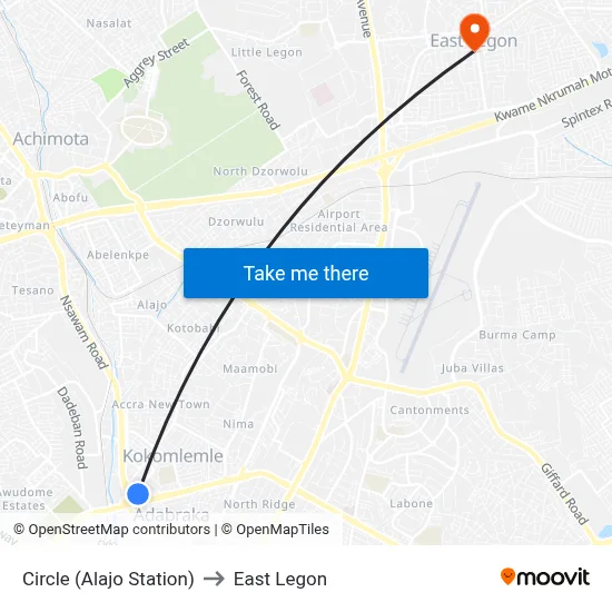Circle (Alajo Station) to East Legon map