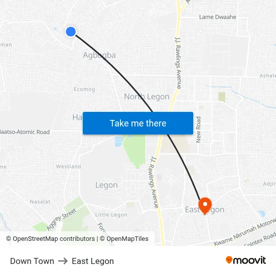 Down Town to East Legon map