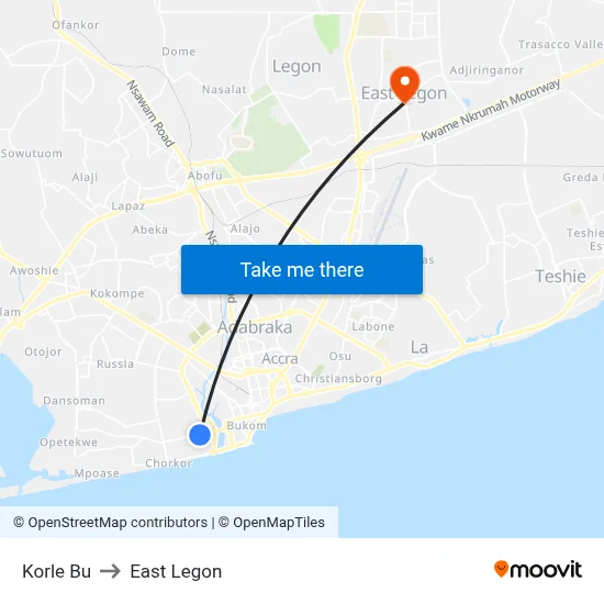 Korle Bu to East Legon map