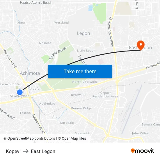 Kopevi to East Legon map