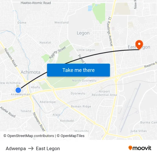 Adwenpa to East Legon map