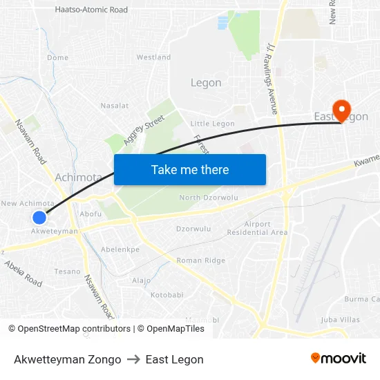 Akwetteyman Zongo to East Legon map