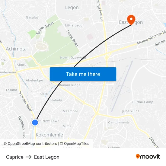 Caprice to East Legon map