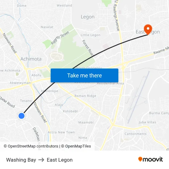 Washing Bay to East Legon map