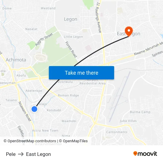 Pele to East Legon map