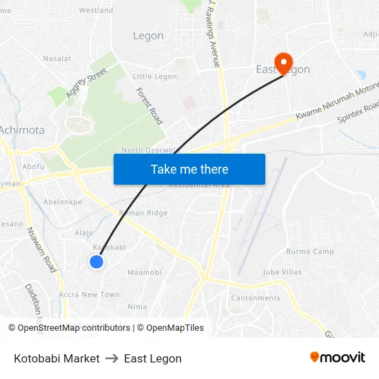 Kotobabi Market to East Legon map