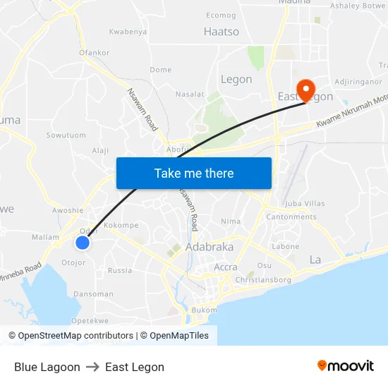 Blue Lagoon to East Legon map