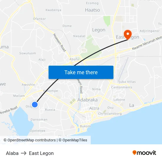 Alaba to East Legon map