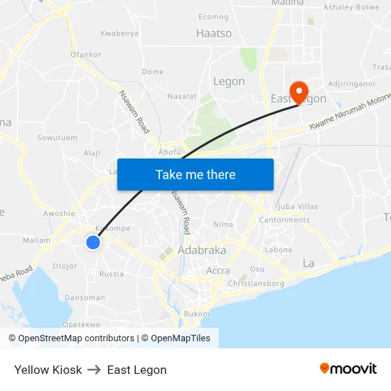 Yellow Kiosk to East Legon map
