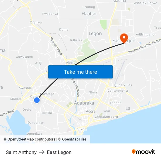 Saint Anthony to East Legon map