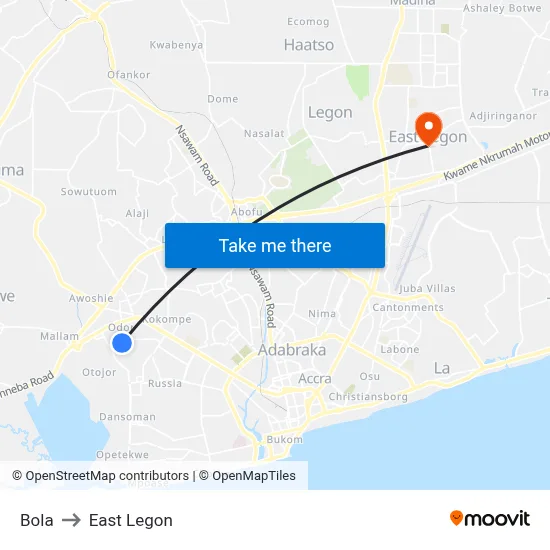 Bola to East Legon map