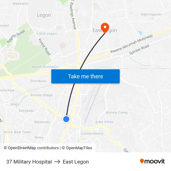 37 Military Hospital to East Legon map