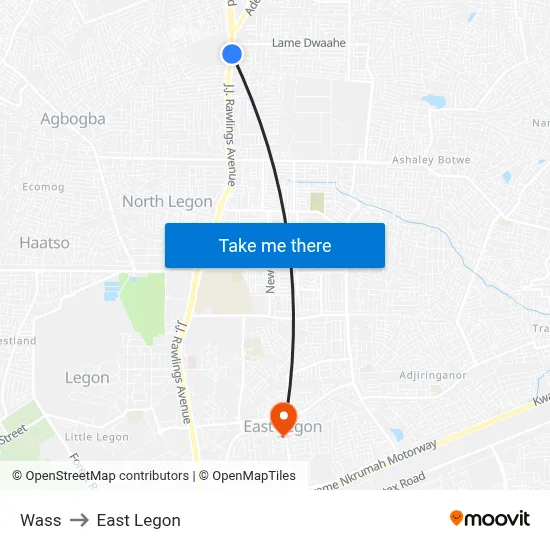 Wass to East Legon map