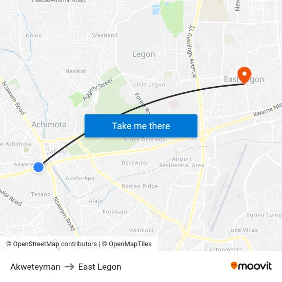 Akweteyman to East Legon map