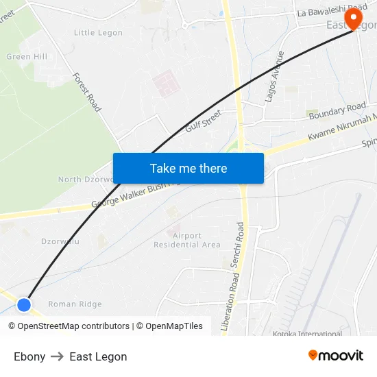 Ebony to East Legon map