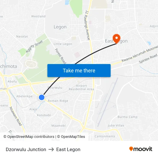 Dzorwulu Junction to East Legon map