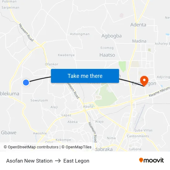 Asofan New Station to East Legon map